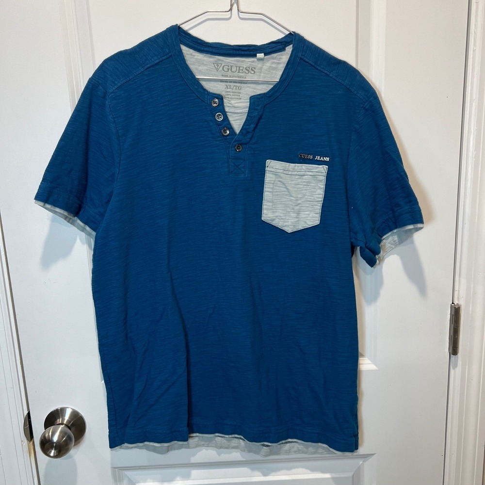 Guess Jeans Mens Blue Henley Pocket‎ T Shirt XL/TG Cotton
